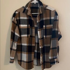 Plaid Button Down Shirt - Brown, Black, White